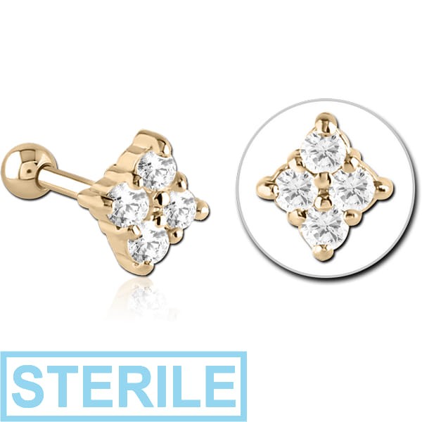 STERILE ZIRCON GOLD PVD COATED SURGICAL STEEL JEWELLED TRAGUS MICRO BARBELL - RHOMBUS