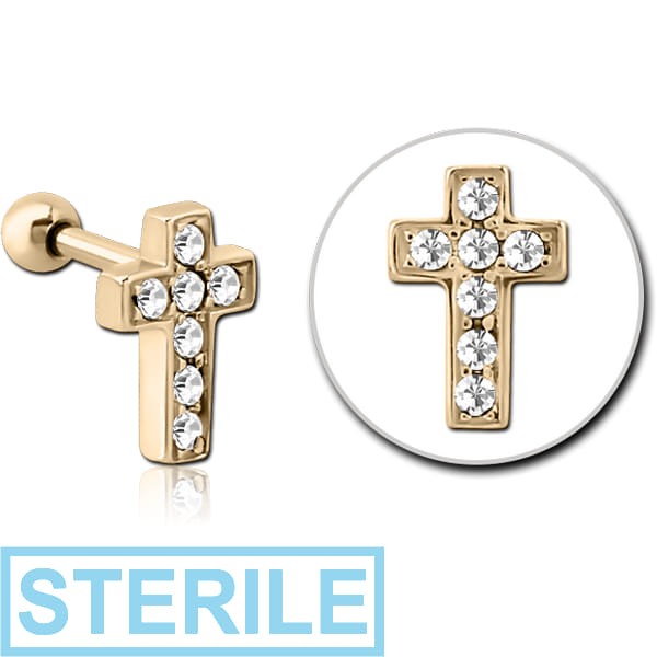 STERILE ZIRCON GOLD PVD COATED SURGICAL STEEL JEWELLED TRAGUS MICRO BARBELL - CROSS