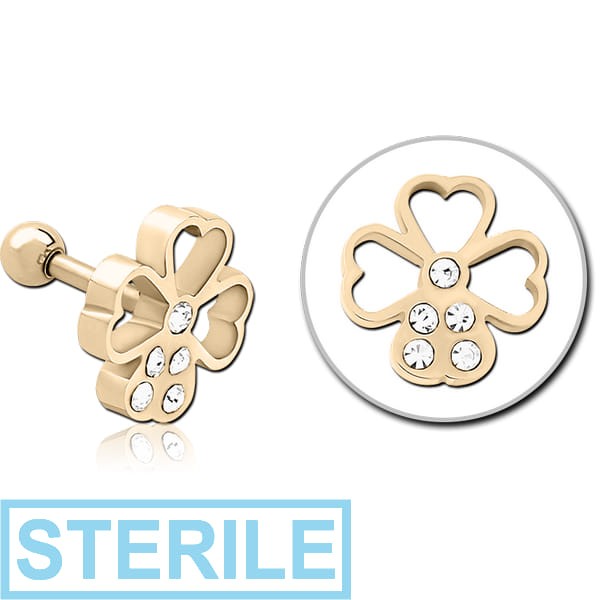 STERILE ZIRCON GOLD PVD COATED SURGICAL STEEL JEWELLED TRAGUS MICRO BARBELL - FLOWER