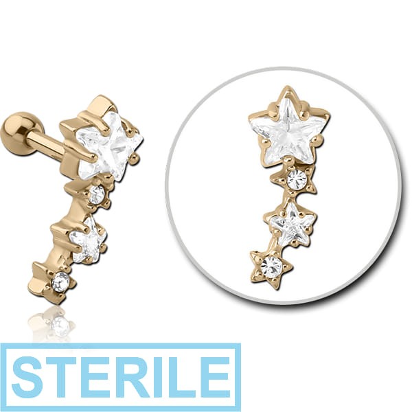 STERILE ZIRCON GOLD PVD COATED SURGICAL STEEL JEWELLED TRAGUS MICRO BARBELL - STARS