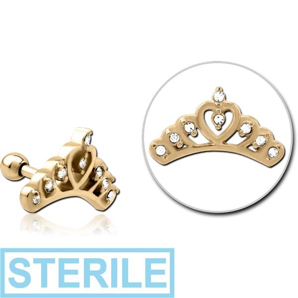 STERILE ZIRCON GOLD PVD COATED SURGICAL STEEL JEWELLED TRAGUS MICRO BARBELL - CROWN