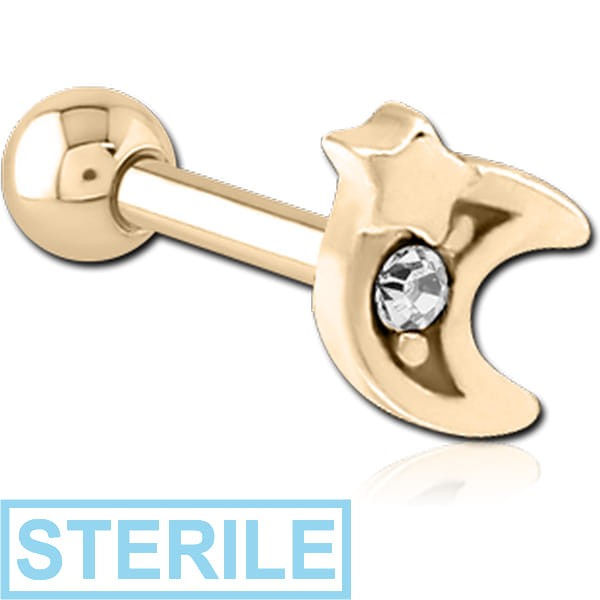 STERILE ZIRCON GOLD PVD COATED SURGICAL STEEL JEWELLED TRAGUS MICRO BARBELL - CRESCENT AND STAR