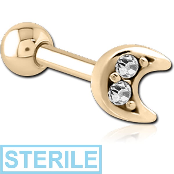 STERILE ZIRCON GOLD PVD COATED SURGICAL STEEL JEWELLED TRAGUS MICRO BARBELL - CRESCENT PRONGS