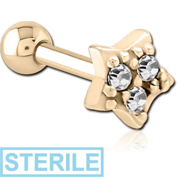 STERILE ZIRCON GOLD PVD COATED SURGICAL STEEL JEWELLED TRAGUS MICRO BARBELL - STAR PRONGS