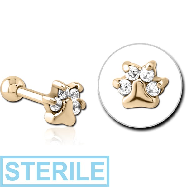 STERILE ZIRCON GOLD PVD COATED SURGICAL STEEL JEWELLED TRAGUS MICRO BARBELL - ANIMAL PAW
