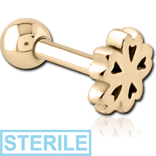 STERILE ZIRCON GOLD PVD COATED SURGICAL STEEL TRAGUS MICRO BARBELL - CLOVER