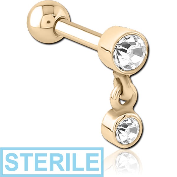 STERILE ZIRCON GOLD PVD COATED SURGICAL STEEL JEWELLED TRAGUS MICRO BARBELL