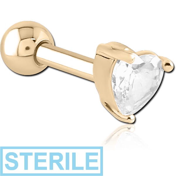 STERILE ZIRCON GOLD PVD COATED SURGICAL STEEL JEWELLED TRAGUS MICRO BARBELL - HEART