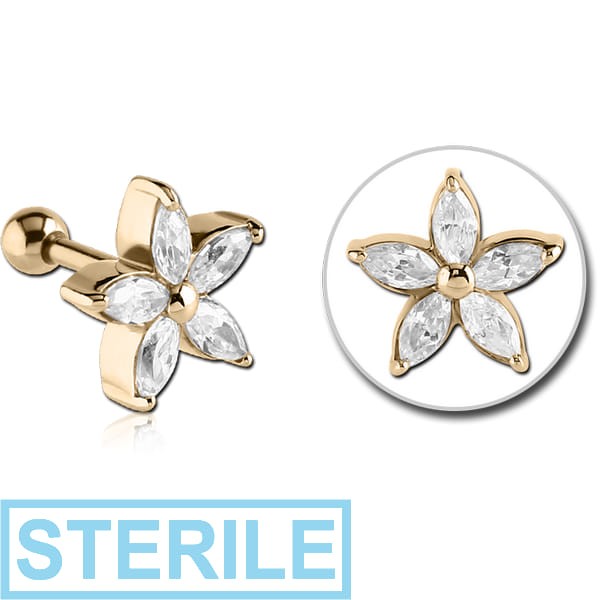 STERILE ZIRCON GOLD PVD COATED SURGICAL STEEL JEWELLED TRAGUS MICRO BARBELL - FLOWER