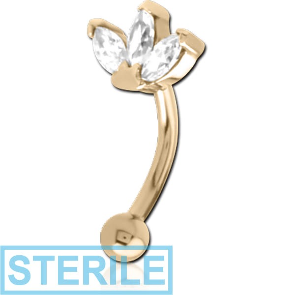 STERILE ZIRCON GOLD PVD COATED SURGICAL STEEL JEWELLED FANCY CURVED MICRO BARBELL - TRIPLE GEM CURVE
