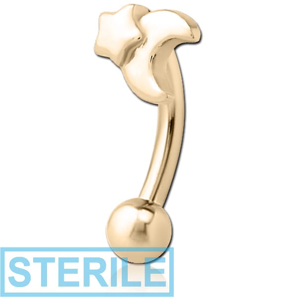 STERILE ZIRCON GOLD PVD COATED SURGICAL STEEL FANCY CURVED MICRO BARBELL - CRESCENT AND STAR