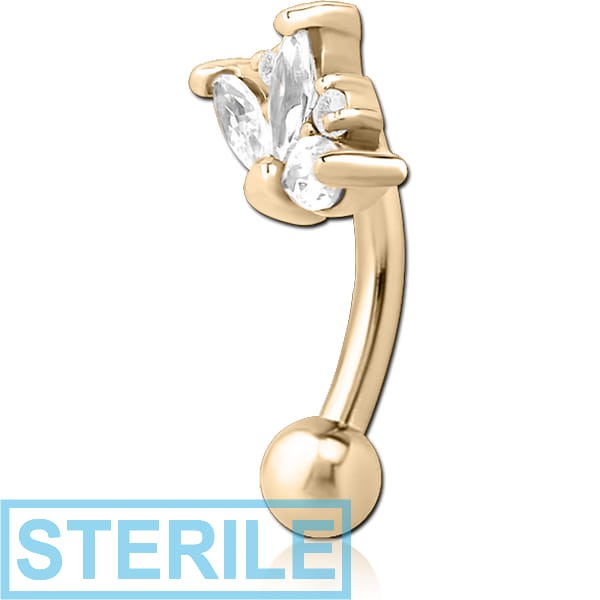 STERILE ZIRCON GOLD PVD COATED SURGICAL STEEL JEWELLED FANCY CURVED MICRO BARBELL