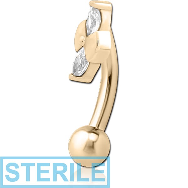 STERILE ZIRCON GOLD PVD COATED SURGICAL STEEL JEWELLED FANCY CURVED MICRO BARBELL - BOW TIE