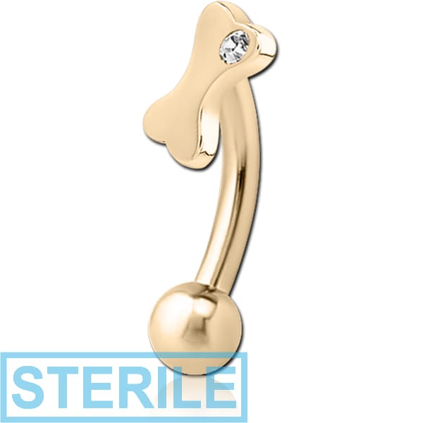 STERILE ZIRCON GOLD PVD COATED SURGICAL STEEL JEWELLED FANCY CURVED MICRO BARBELL - BONE