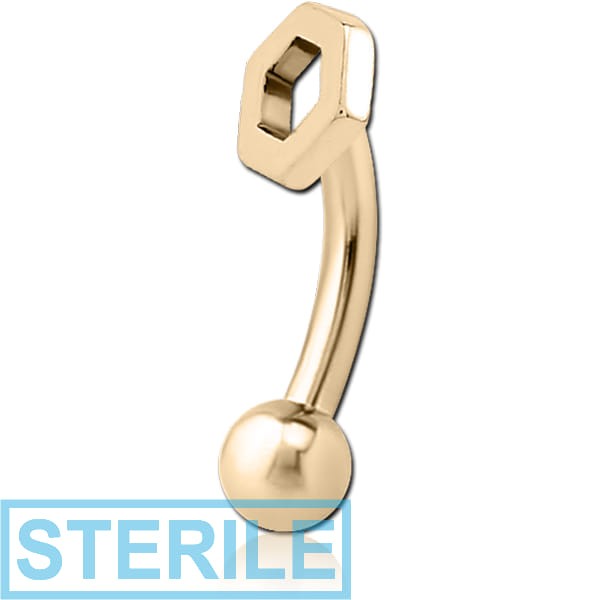 STERILE ZIRCON GOLD PVD COATED SURGICAL STEEL FANCY CURVED MICRO BARBELL - HEXAGONE