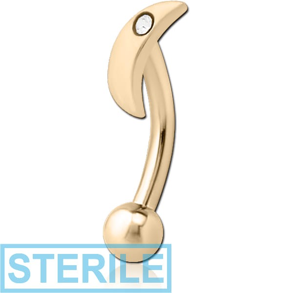 STERILE ZIRCON GOLD PVD COATED SURGICAL STEEL JEWELLED FANCY CURVED MICRO BARBELL - CRESCENT SINGLE GEM