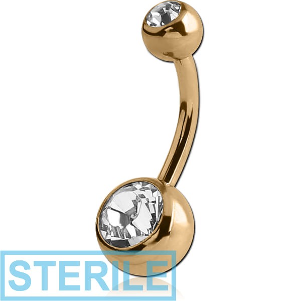 STERILE ZIRCON GOLD PVD COATED SURGICAL STEEL DOUBLE JEWELLED MINI NAVEL BANANA