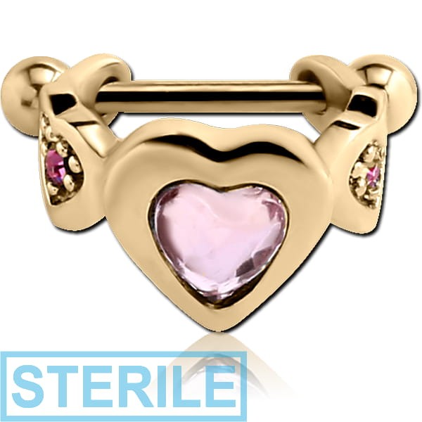 STERILE ZIRCON GOLD PVD COATED SURGICAL STEEL JEWELLED CARTILAGE SHIELD - THREE HEARTS
