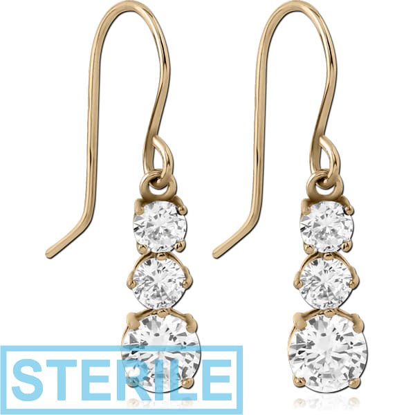 STERILE ZIRCON GOLD PVD COATED SURGICAL STEEL JEWELLED EARRINGS