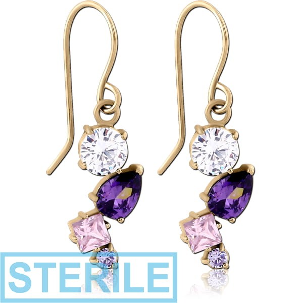 STERILE ZIRCON GOLD PVD COATED SURGICAL STEEL JEWELLED EARRINGS