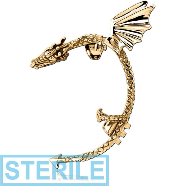 STERILE ZIRCON GOLD PVD COATED SURGICAL STEEL EAR CUFF - LEFT - DRAGON