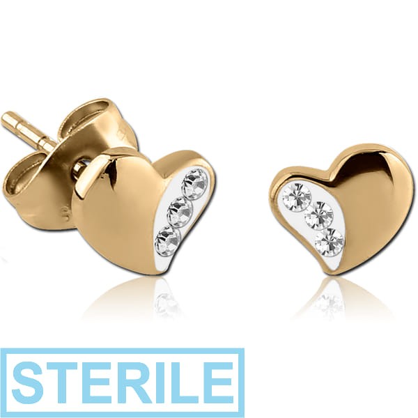 STERILE ZIRCON GOLD PVD COATED SURGICAL STEEL CRYSTALINE JEWELLED EAR STUDS PAIR - HEART