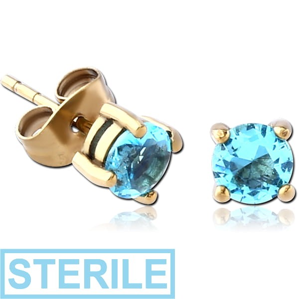 STERILE ZIRCON GOLD PVD COATED SURGICAL STEEL JEWELLED EAR STUDS PAIR
