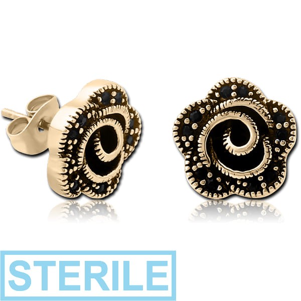 STERILE ZIRCON GOLD PVD COATED SURGICAL STEEL JEWELLED EAR STUDS - FLOWER