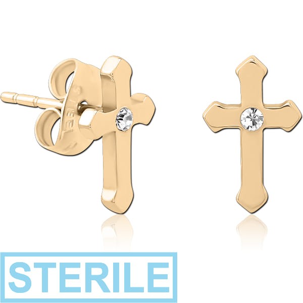 STERILE ZIRCON GOLD PVD COATED SURGICAL STEEL JEWELLED EAR STUDS - CROSS