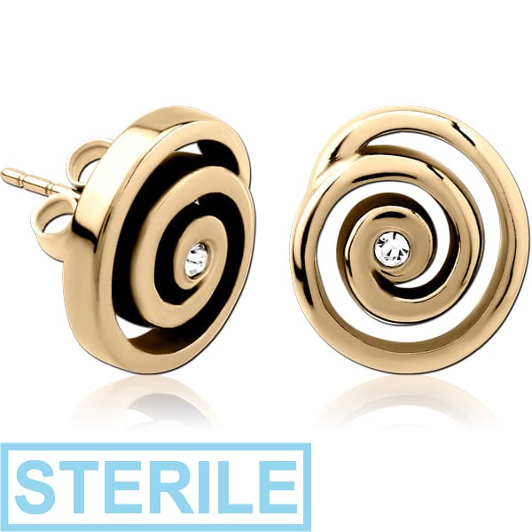 STERILE ZIRCON GOLD PVD COATED SURGICAL STEEL JEWELLED EAR STUDS PAIR - SPIRAL