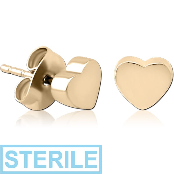 STERILE ZIRCON GOLD PVD COATED SURGICAL STEEL EAR STUDS PAIR - HEART