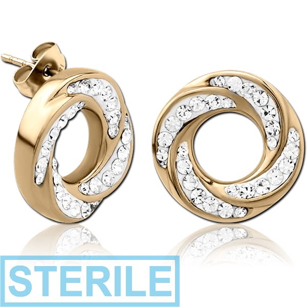 STERILE ZIRCON GOLD PVD COATED SURGICAL STEEL CRYSTALINE JEWELLED EAR STUDS PAIR - SPIRAL