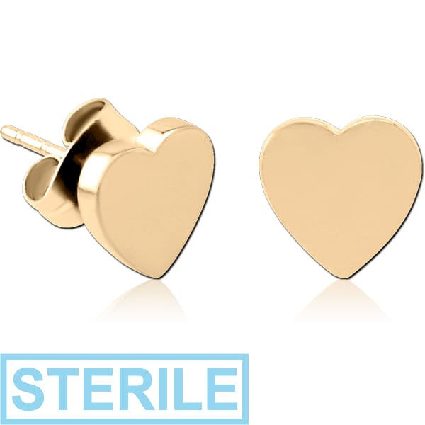 STERILE ZIRCON GOLD PVD COATED SURGICAL STEEL EAR STUDS PAIR - HEART FLAT