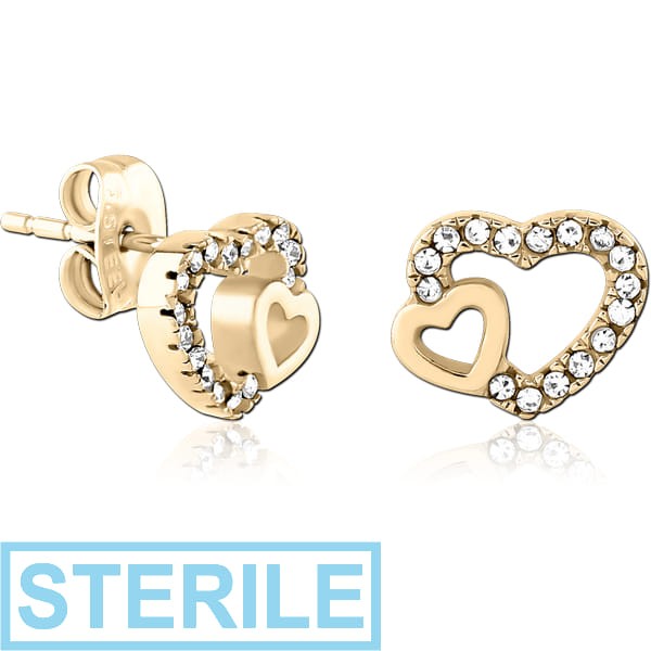 STERILE ZIRCON GOLD PVD COATED SURGICAL STEEL JEWELLED EAR STUDS PAIR