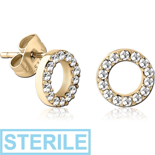 STERILE ZIRCON GOLD PVD COATED SURGICAL STEEL JEWELLED EAR STUDS PAIR
