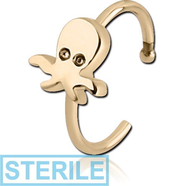 STERILE ZIRCON GOLD PVD COATED SURGICAL STEEL OPEN NOSE RING - SQUID