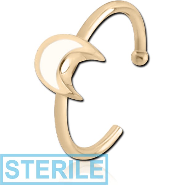 STERILE ZIRCON GOLD PVD COATED SURGICAL STEEL OPEN NOSE RING WITH ENAMEL - CRESCENT