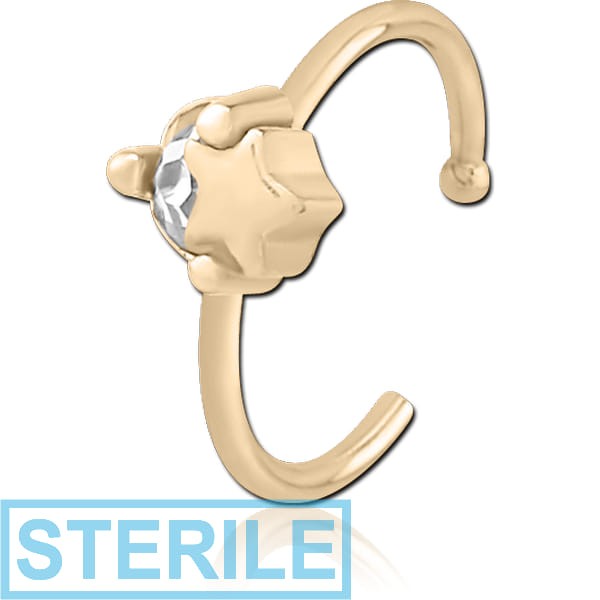 STERILE ZIRCON GOLD PVD COATED SURGICAL STEEL JEWELLED OPEN NOSE RING - STAR AND GEM