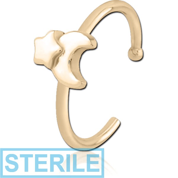 STERILE ZIRCON GOLD PVD COATED SURGICAL STEEL OPEN NOSE RING - CRESCENT AND STAR