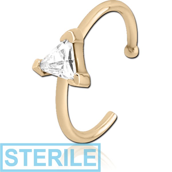 STERILE ZIRCON GOLD PVD COATED SURGICAL STEEL JEWELLED OPEN NOSE RING - TRIANGLE