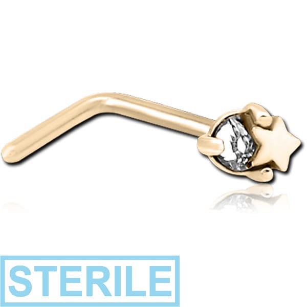 STERILE ZIRCON GOLD PVD COATED SURGICAL STEEL 90 DEGREE JEWELLED NOSE STUD