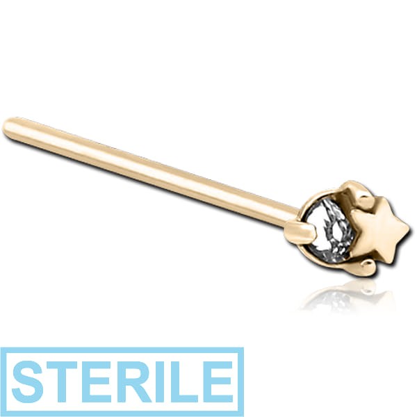 STERILE ZIRCON GOLD PVD COATED SURGICAL STEEL STRAIGHT JEWELLED NOSE STUD