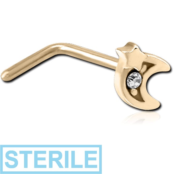 STERILE ZIRCON GOLD PVD COATED SURGICAL STEEL 90 DEGREE JEWELLED NOSE STUD - CRESCENT AND STAR