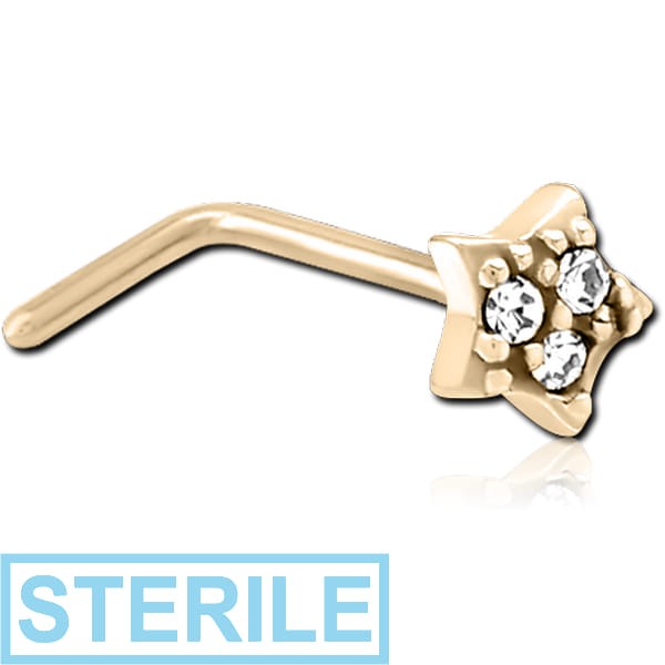 STERILE ZIRCON GOLD PVD COATED SURGICAL STEEL 90 DEGREE JEWELLED NOSE STUD - STAR