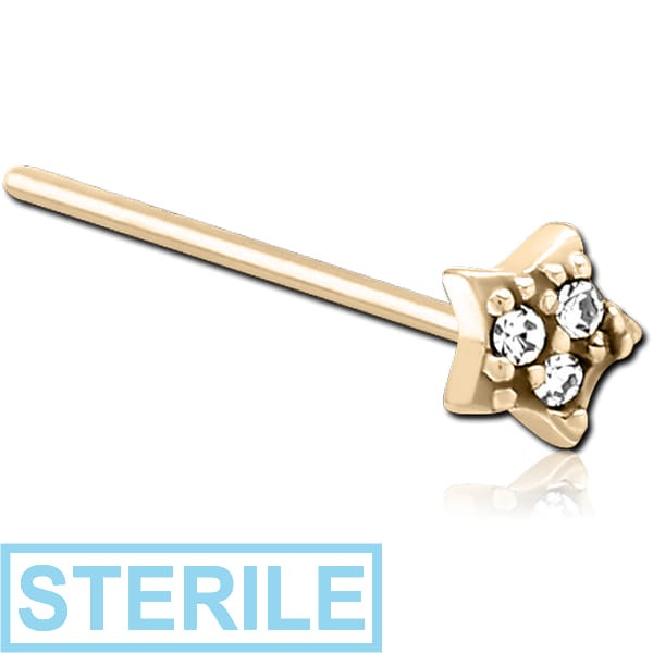 STERILE ZIRCON GOLD PVD COATED SURGICAL STEEL STRAIGHT JEWELLED NOSE STUD - STAR