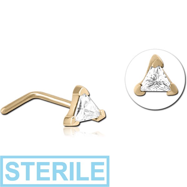 STERILE ZIRCON GOLD PVD COATED SURGICAL STEEL 90 DEGREE JEWELLED NOSE STUD - TRIANGLE