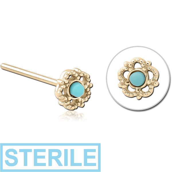STERILE ZIRCON GOLD PVD COATED SURGICAL STEEL STRAIGHT JEWELLED NOSE STUD - FLOWER
