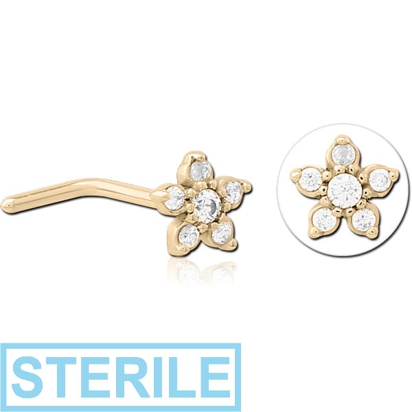 STERILE ZIRCON GOLD PVD COATED SURGICAL STEEL 90 DEGREE JEWELLED NOSE STUD -FLOWER