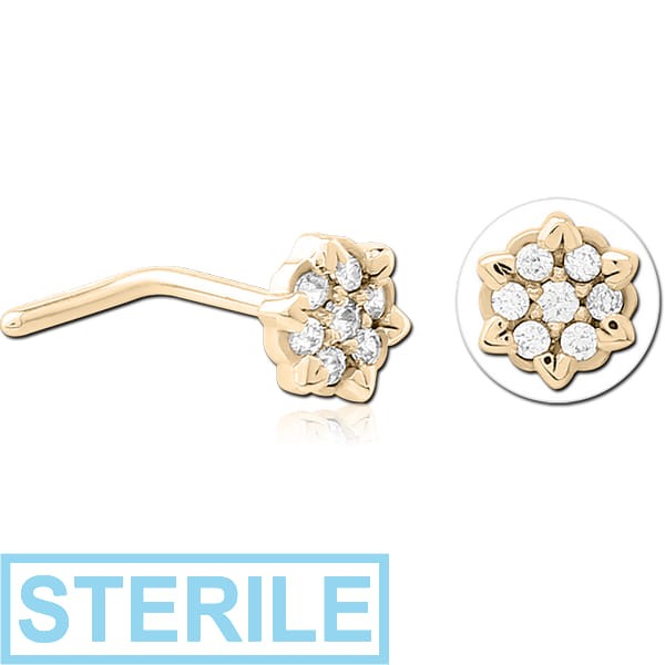 STERILE ZIRCON GOLD PVD COATED SURGICAL STEEL 90 DEGREE JEWELLED NOSE STUD - FLOWER