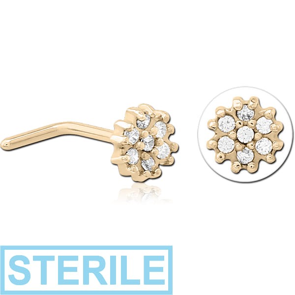 STERILE ZIRCON GOLD PVD COATED SURGICAL STEEL 90 DEGREE JEWELLED NOSE STUD - FLOWER
